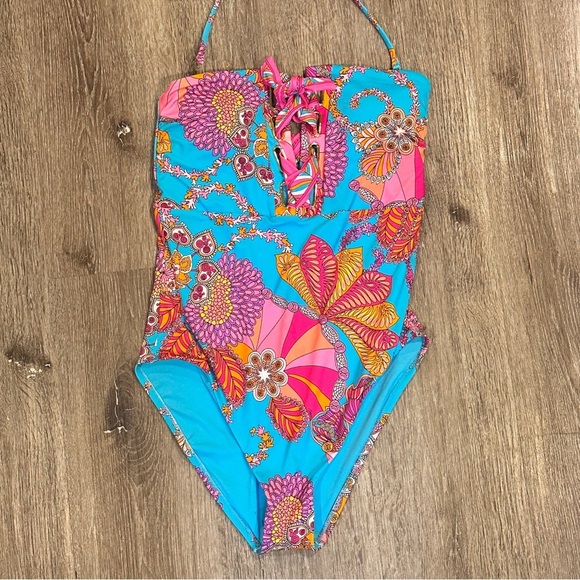 Trina Turk Meilani Lace Up Bandeau One-Piece Swimsuit NWT Size 10. - Picture 7 of 12